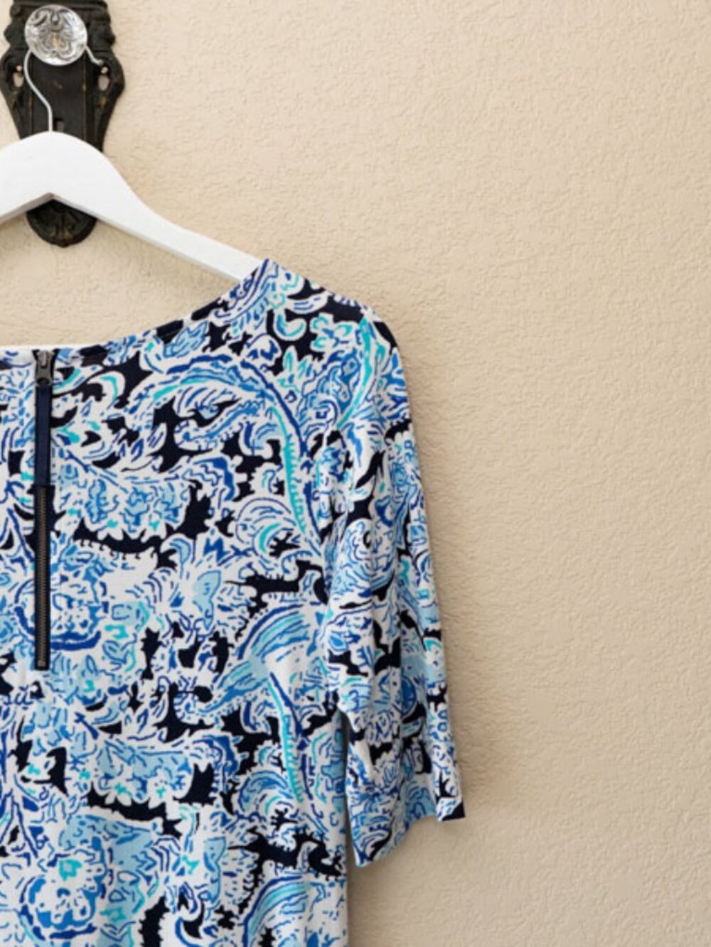 Cynthia Rowley Blue Paisley Print Dress Womens M Shift Back Zip Stretch Career - Picture 12 of 15